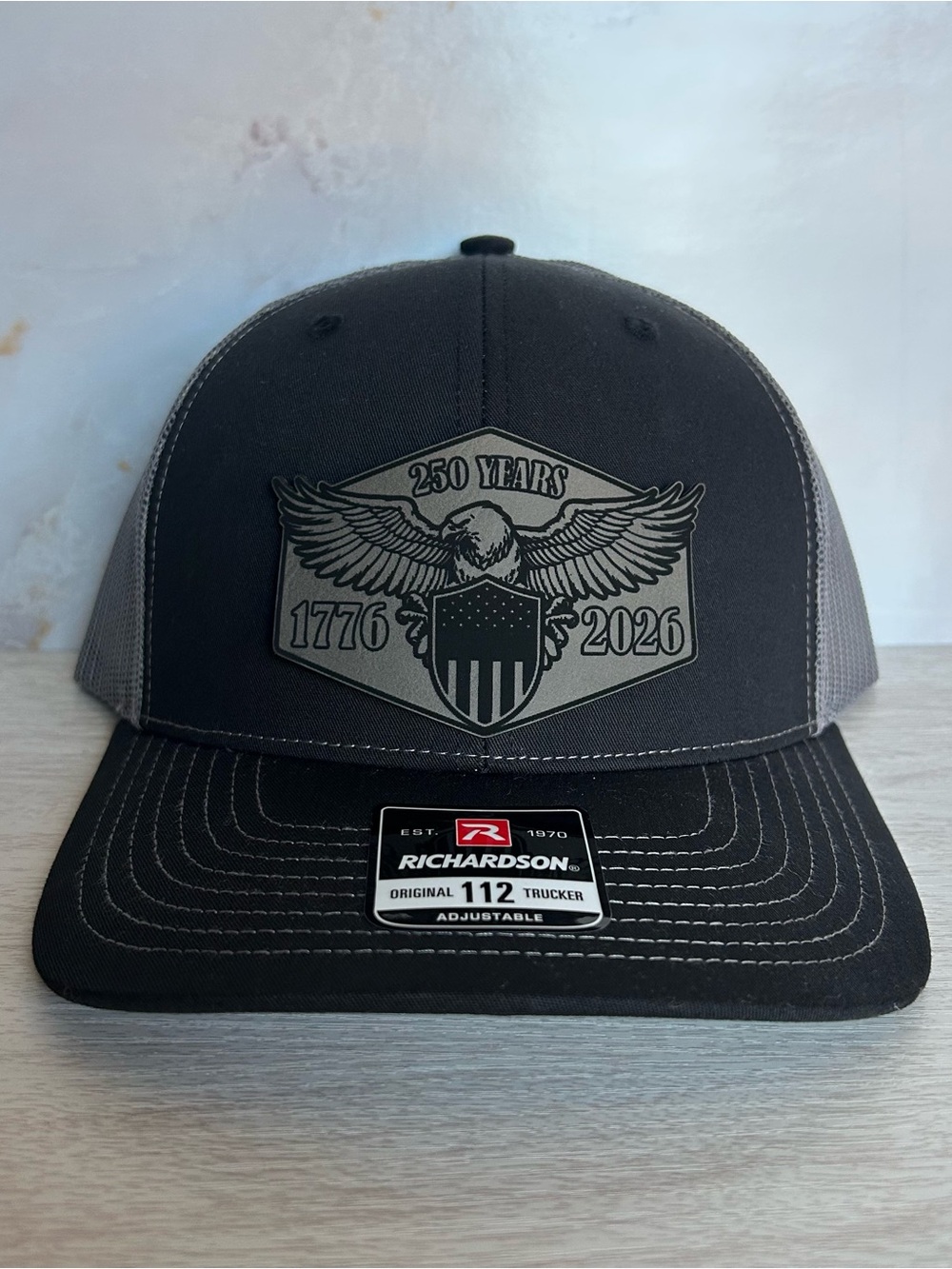 🇺🇸 Richardson 112 Trucker Hat 1776-2026 250 Years USA. Laser Engraved Patch.